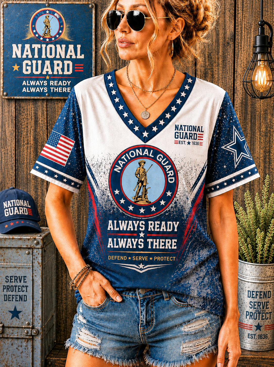 A woman wearing a distressed National Guard themed V-neck t-shirt with patriotic blue, white, and red graphics, paired with denim shorts, posed against a rustic wooden wall backdrop with themed props.
