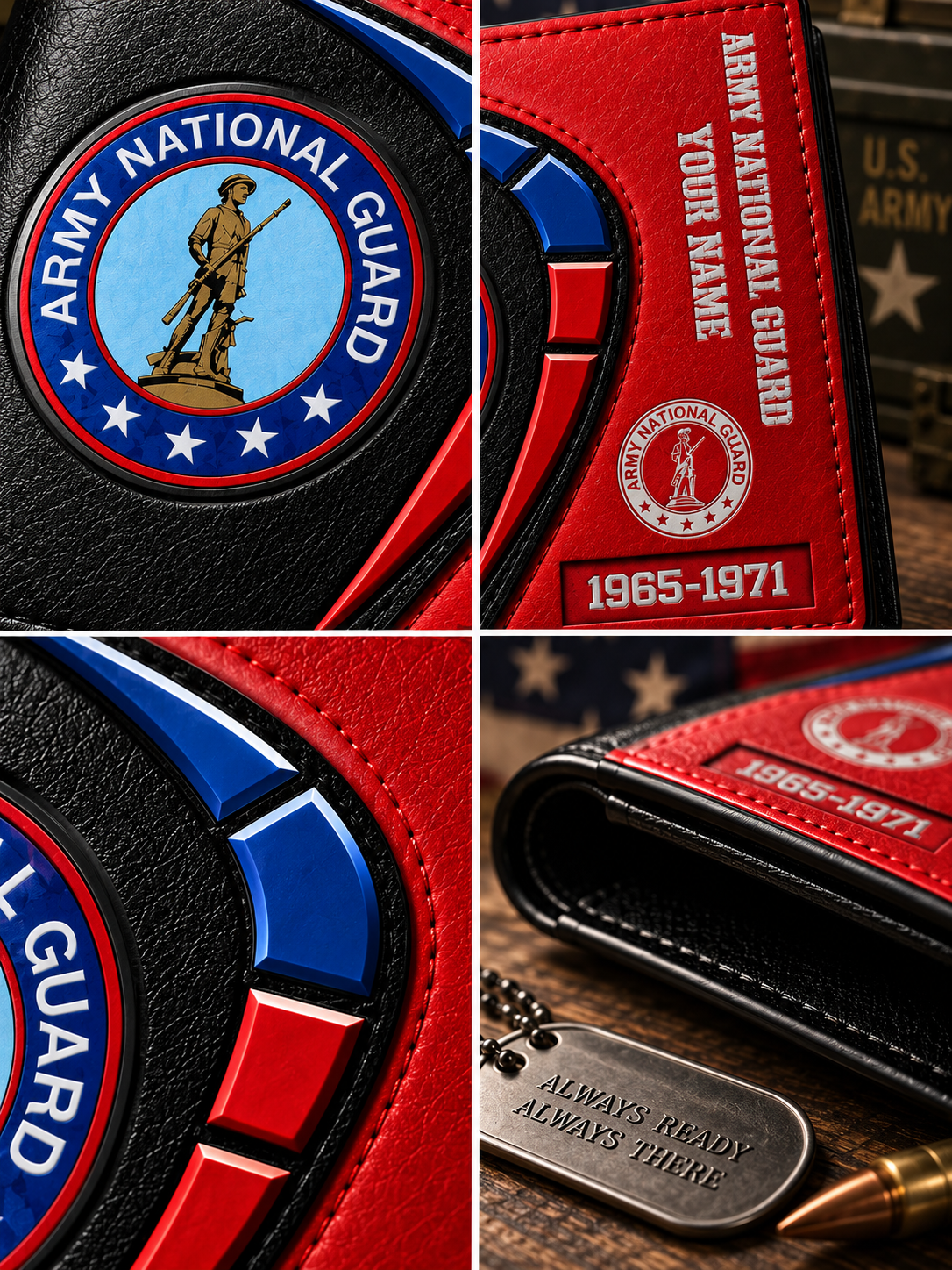 A black and red Army National Guard bi-fold wallet with a circular emblem on the front, displayed on a wooden surface with military-themed props including an American flag, a U.S.