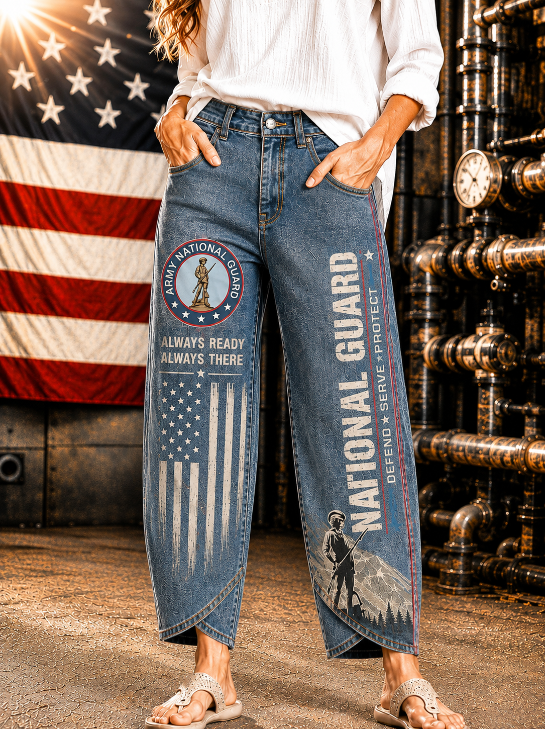 A person wearing blue wide-leg jeans with large 'National Guard' graphics and an American flag print on the left leg, standing in front of an American flag and industrial pipes.
