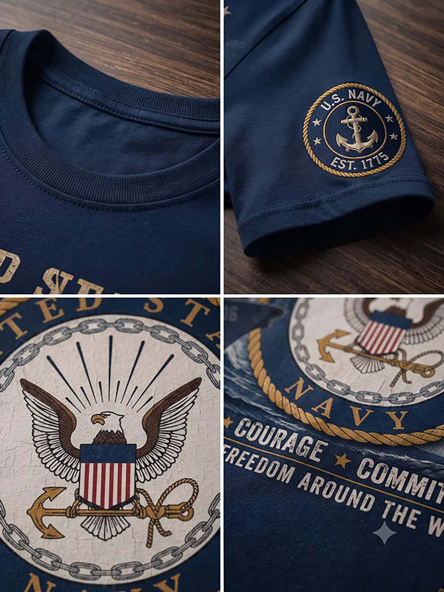 A navy blue t-shirt featuring a detailed U.S.