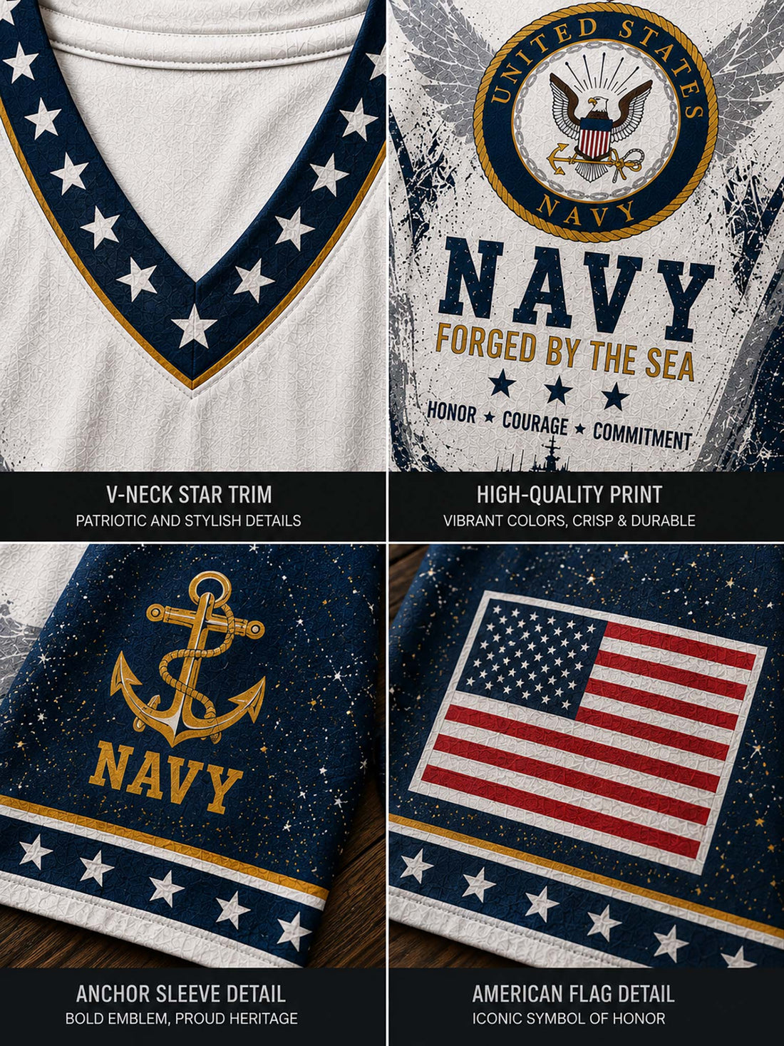 Four-panel product detail collage for a navy-themed V-neck t-shirt. The top-left panel shows a white V-neck collar with a navy star trim and gold edging.