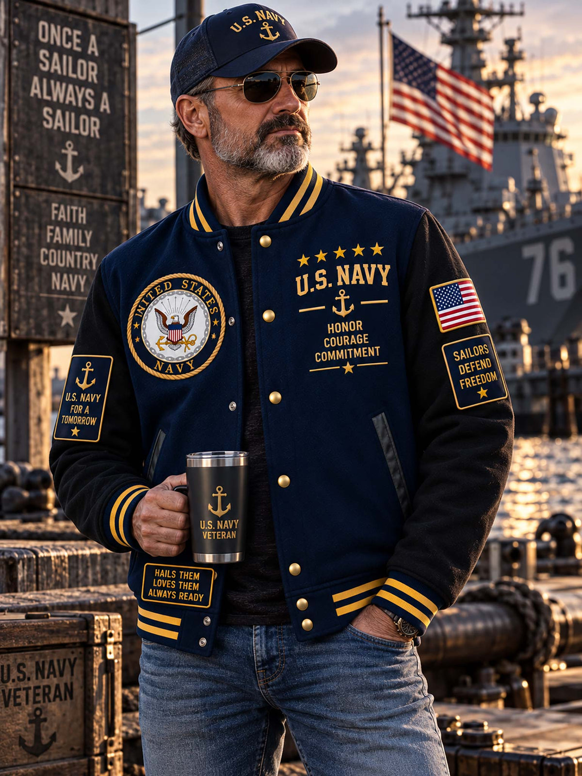 A man wearing a navy blue varsity-style U.S.