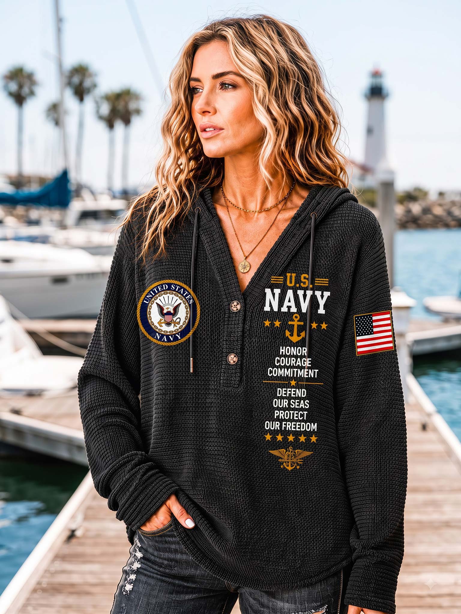 A woman wearing a black waffle-knit hoodie with U.S.