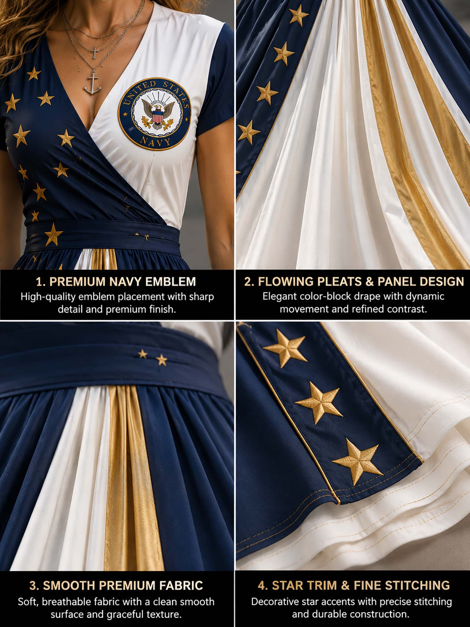 Four-panel product detail collage of a navy and white dress with gold stars and trim, showing the front emblem, pleated fabric, smooth fabric texture, and star-stitched details with text callouts.