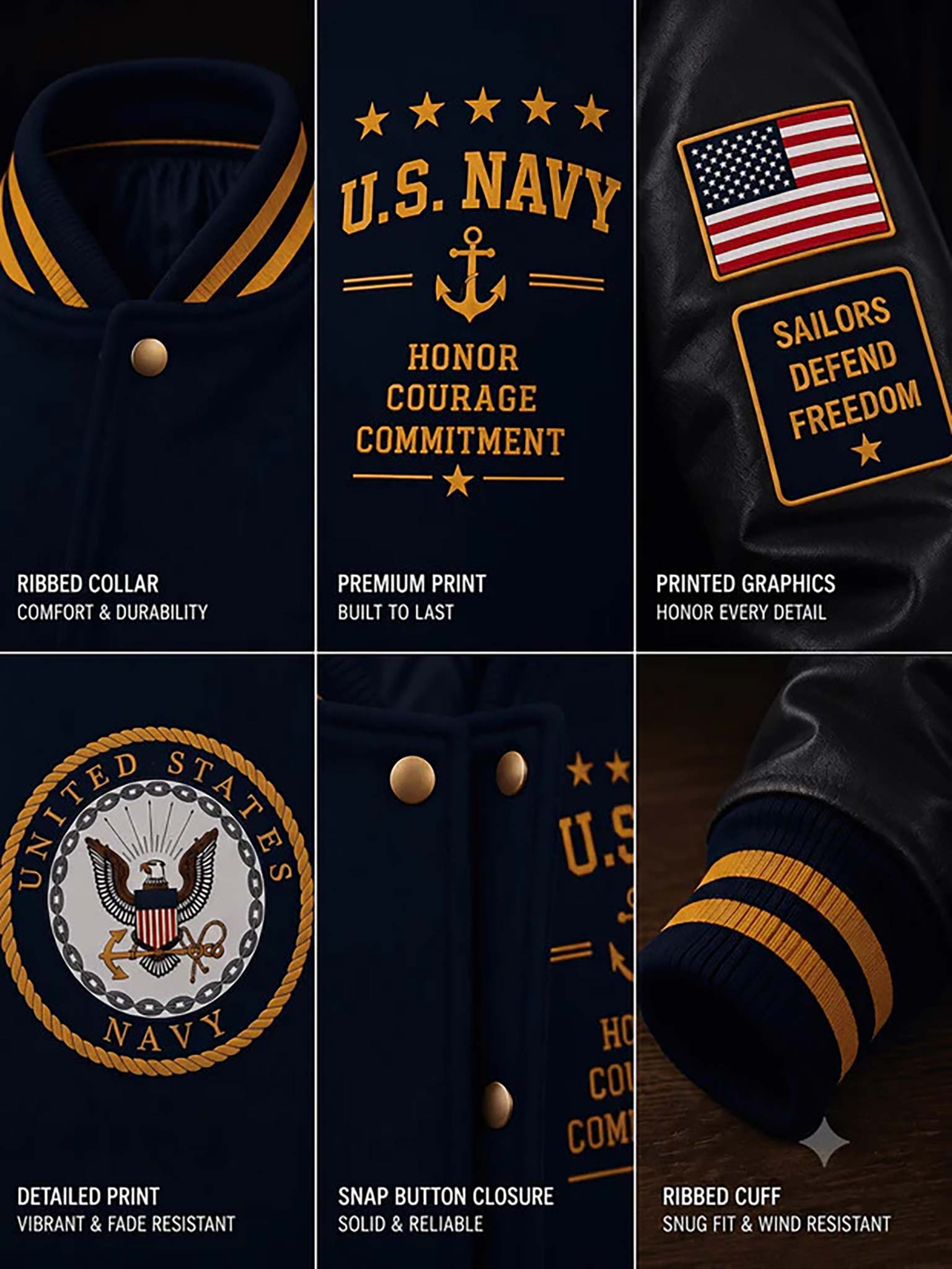 Six-panel product showcase of a navy varsity-style jacket, highlighting the ribbed collar with gold stripes, premium gold print reading 'U.S.