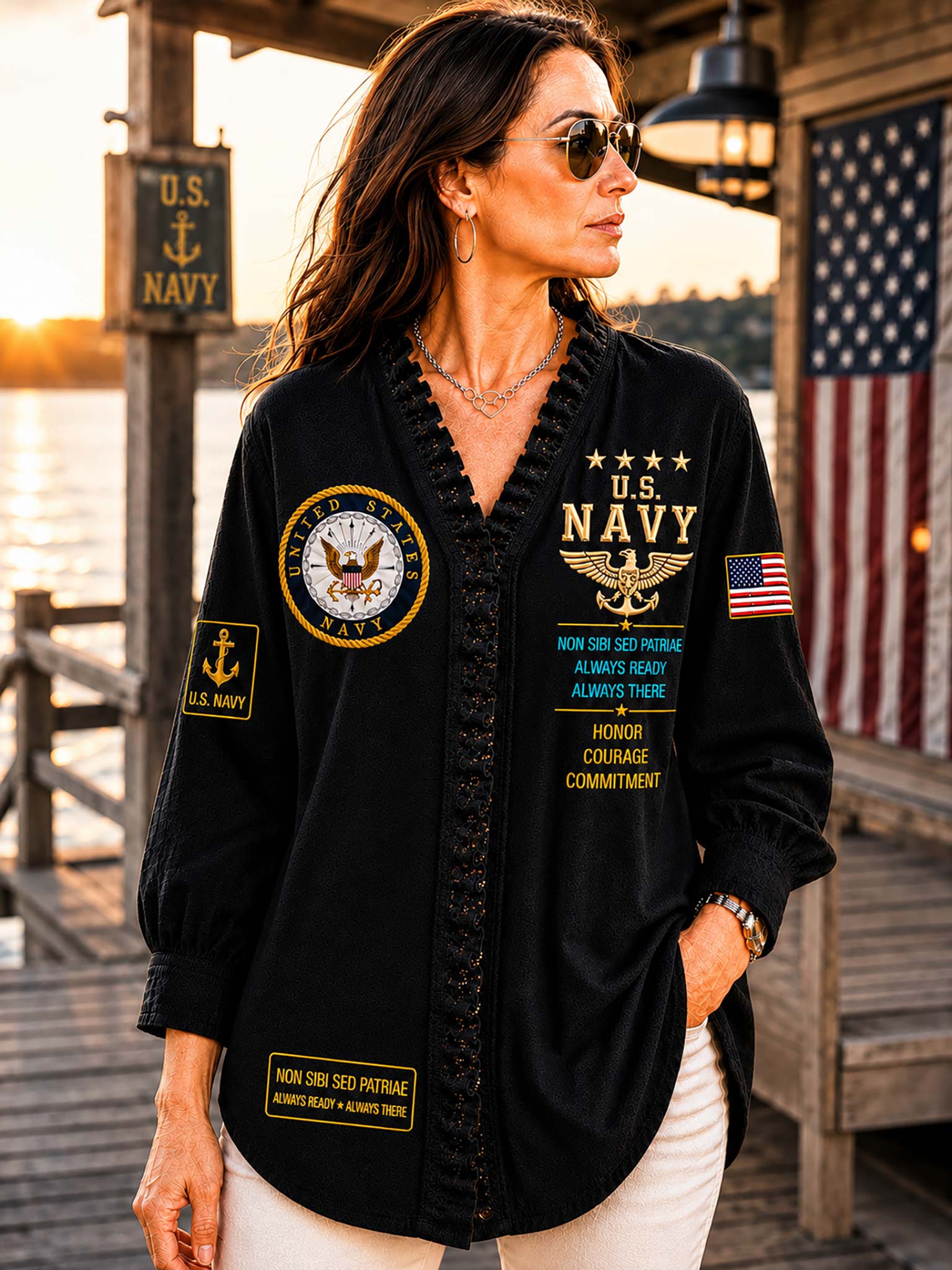 A woman wearing a black long-sleeve button-front shirt with U.S.