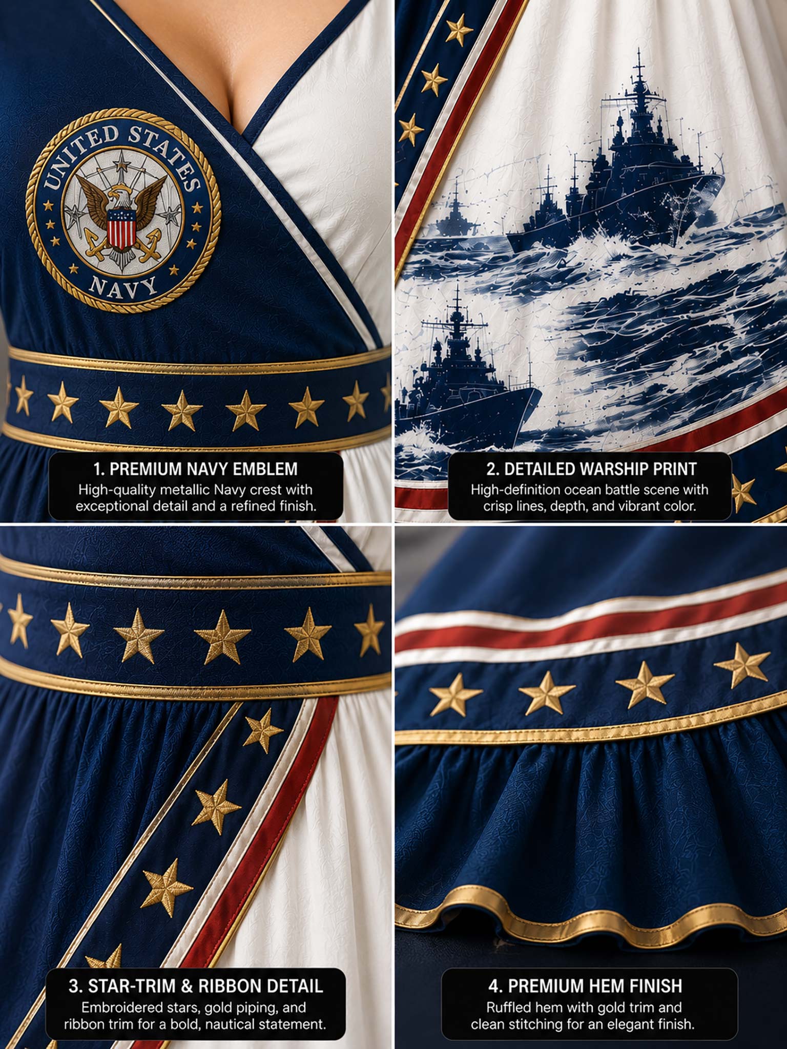 Four-panel close-up collage of a navy and white United States Navy themed apparel or fabric detail, showing a printed emblem, ocean battle print with ships, star-and-ribbon trim, and a finished hem. Text callouts describe the features.