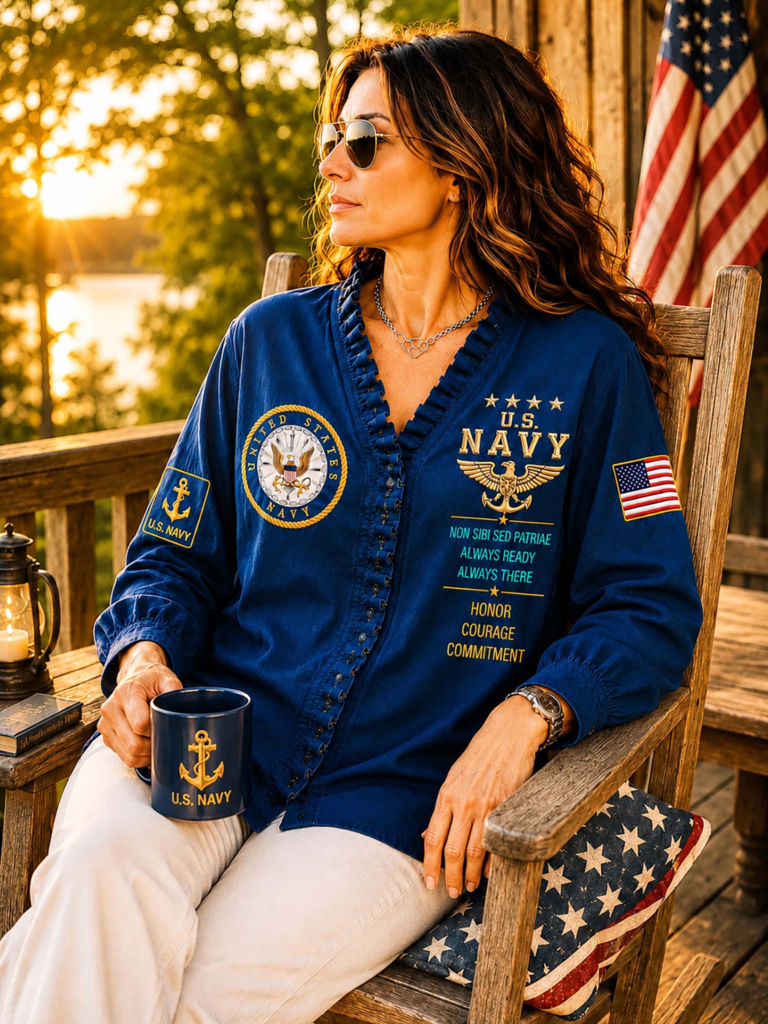 A woman wearing a royal blue U.S.
