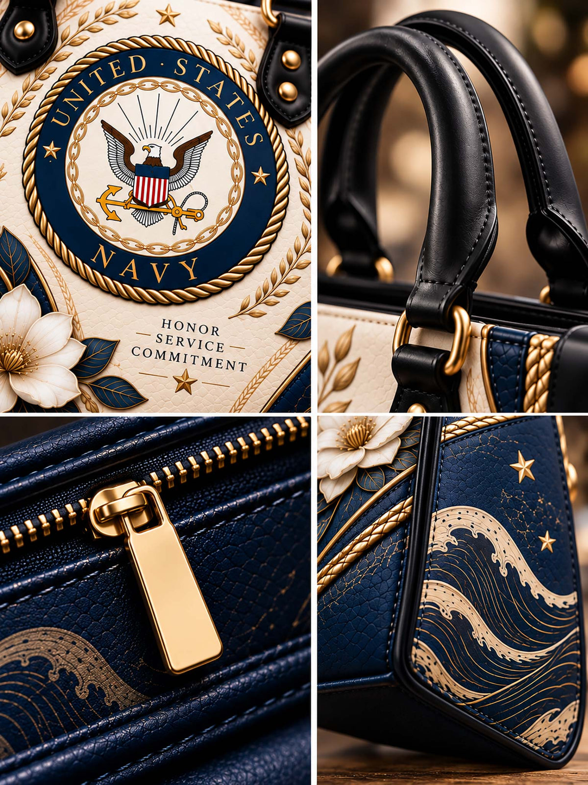Navy Heritage Elegance Leather Bag handle, zipper and printed details
