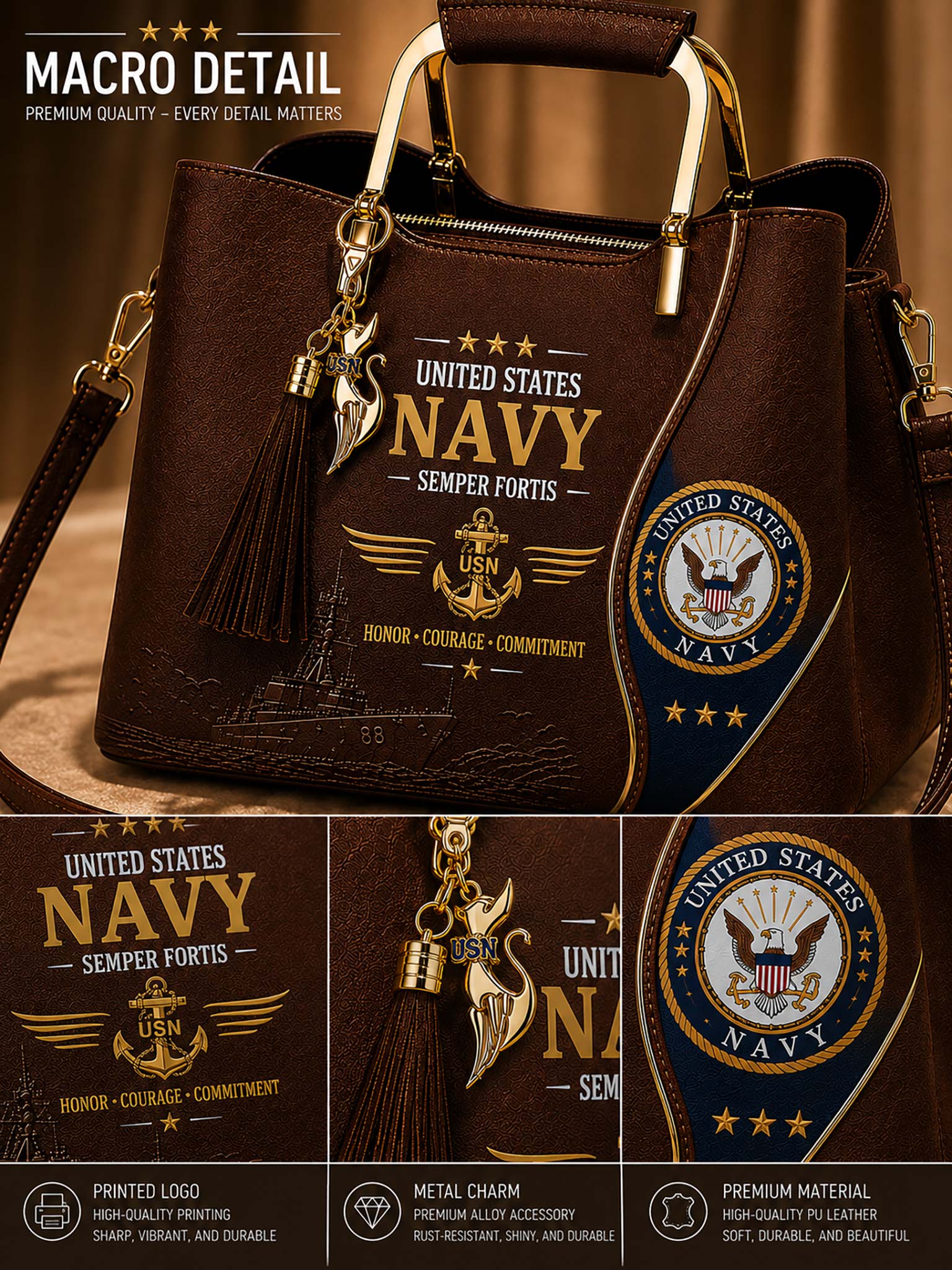 A dark brown faux-leather handbag with a United States Navy theme, featuring gold-tone hardware, a tassel charm with a gold eagle, and printed navy and gold graphics including the US Navy emblem and 'Semper Fortis' text.