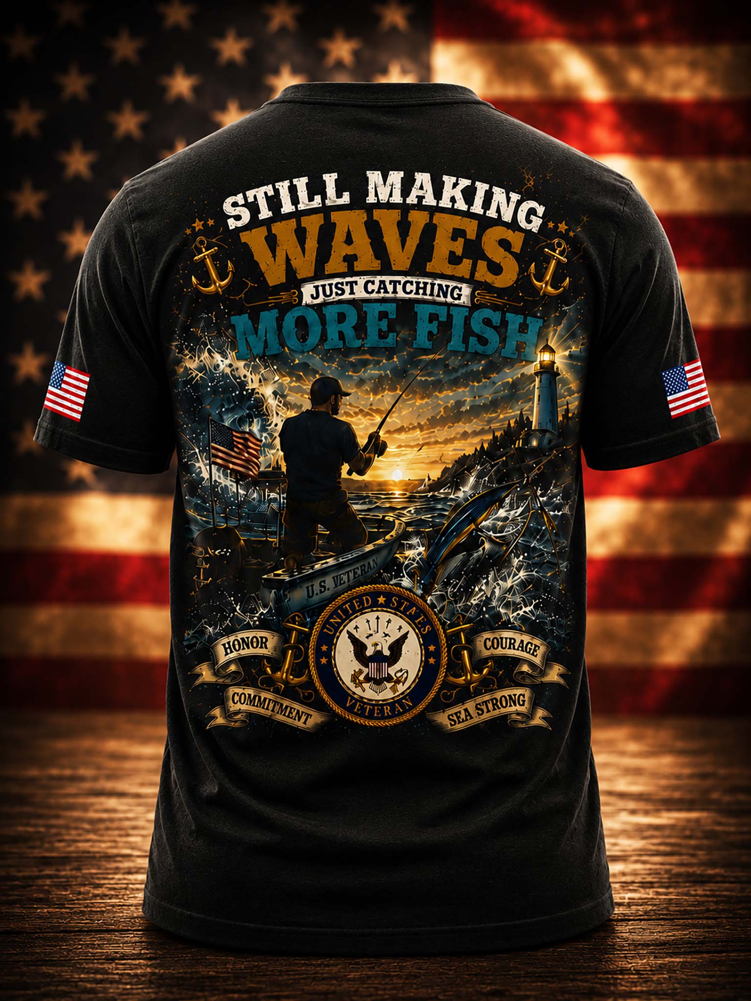 A black graphic t-shirt against a patriotic American flag and fishing scene background. 