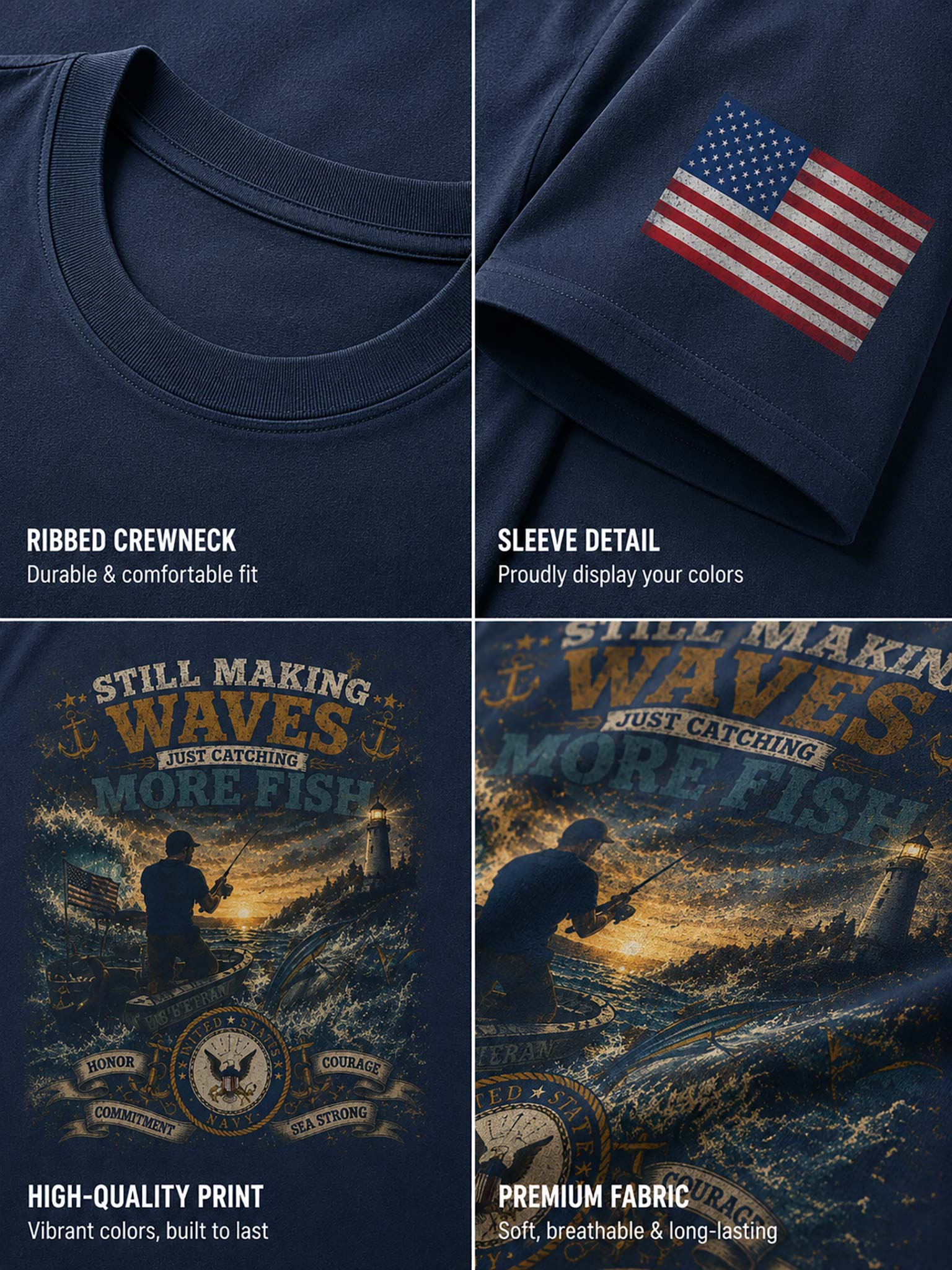 A four-panel product detail collage of a navy blue short-sleeve T-shirt. The top-left panel shows the ribbed crewneck.
