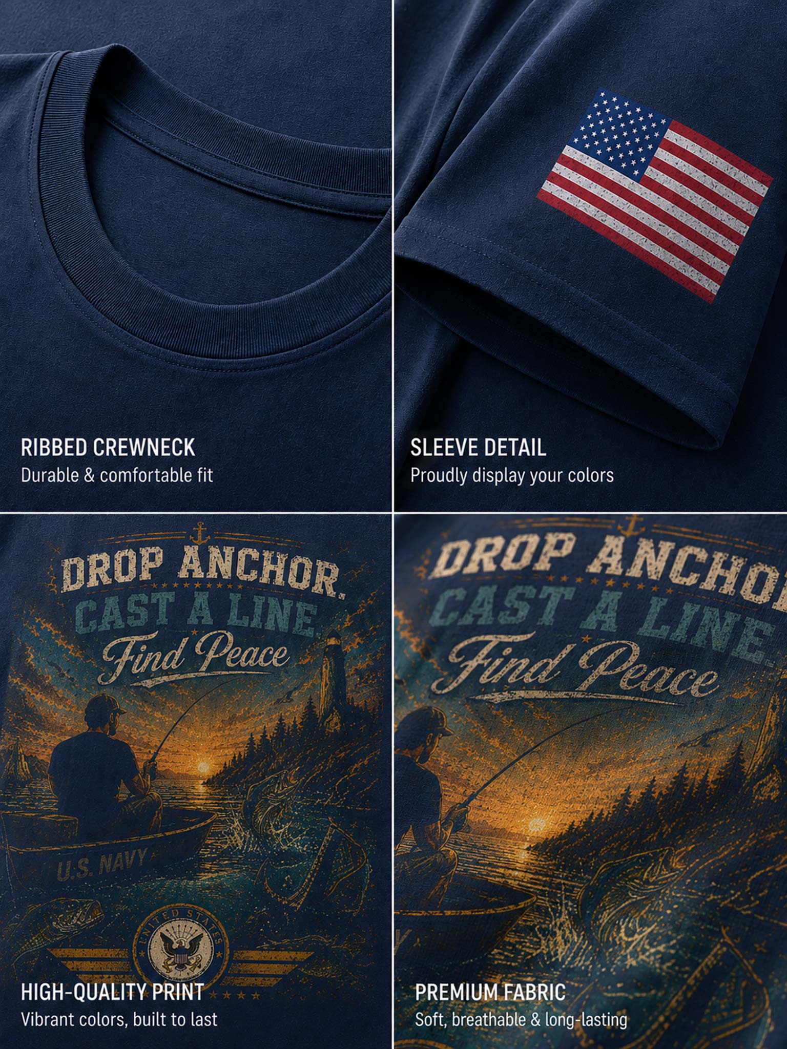 A four-panel product detail collage of a navy crewneck T-shirt. The panels show the ribbed crewneck, a close-up of the sleeve with a small American flag graphic, a full view of a large front graphic reading 'Still Making Waves Just Catching More Fish,' and text noting high-quality print and premium fabric.