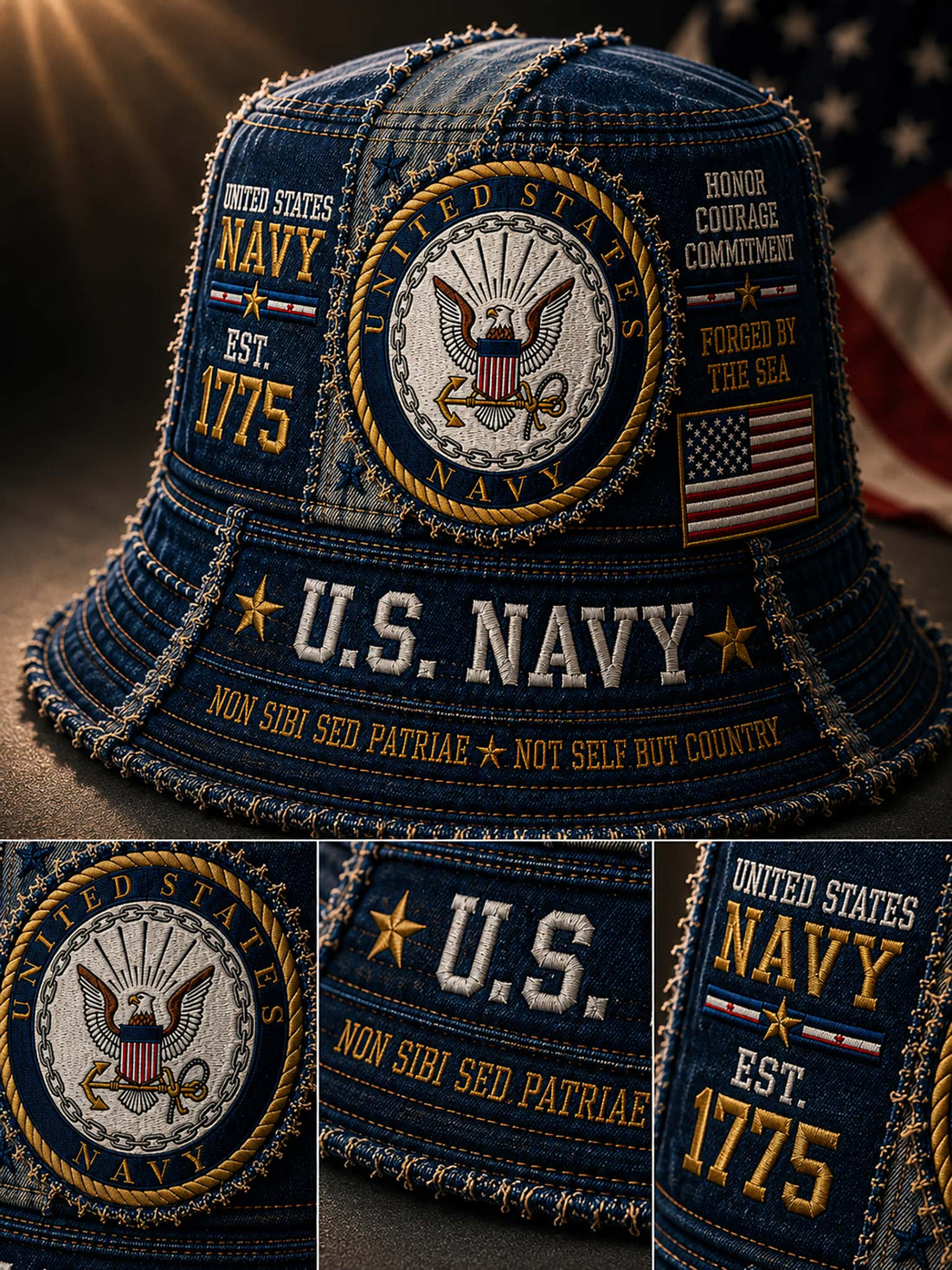 A dark blue denim-style U.S.