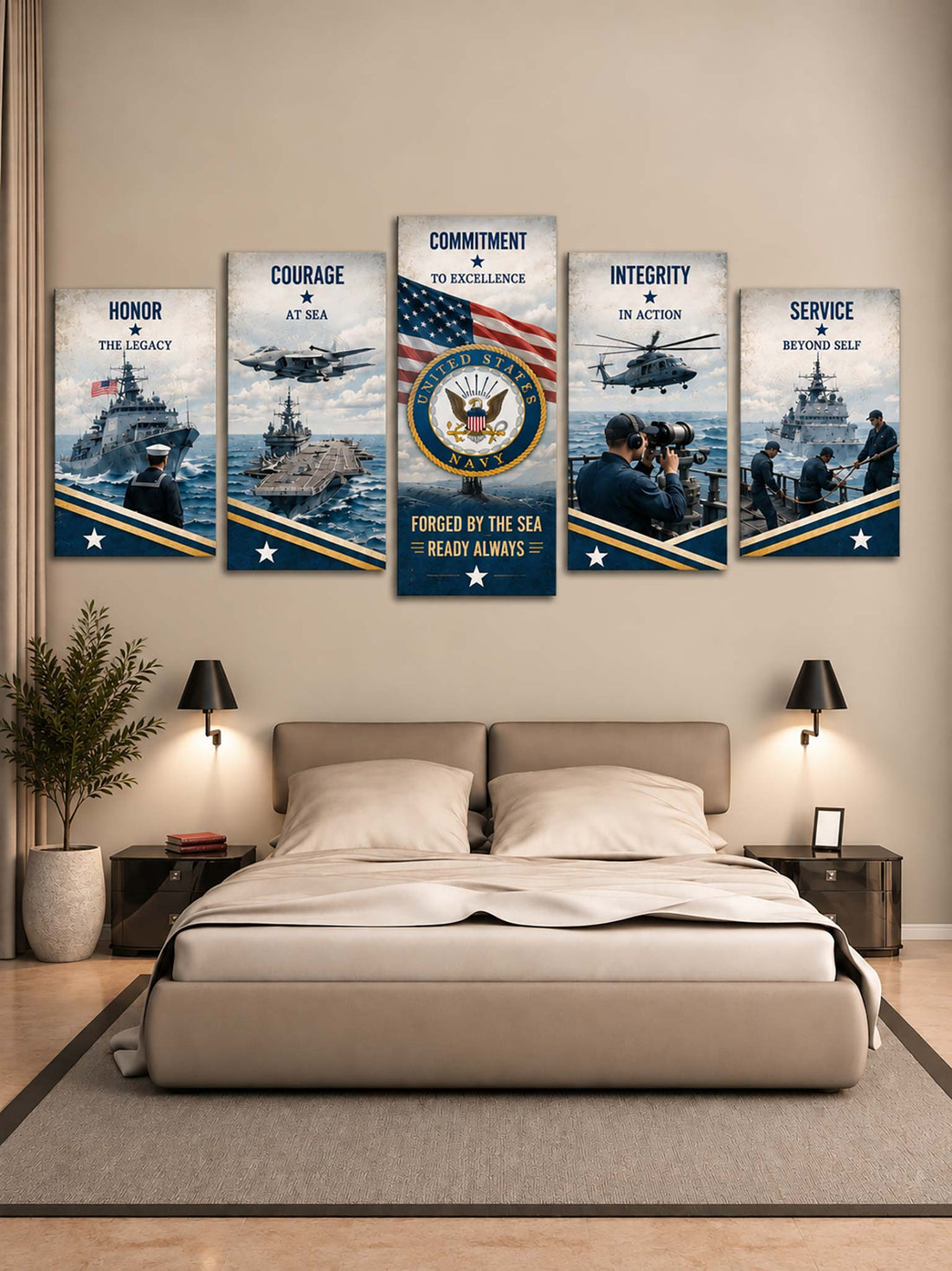 A 5-panel canvas wall art set depicting US Navy and Marine Corps military themes, hung above a bed in a modern bedroom setting. The panels feature illustrations of ships, aircraft, helicopters, and soldiers with text reading 'HONOR', 'COURAGE', 'COMMITMENT', 'INTEGRITY', and 'SERVICE'.