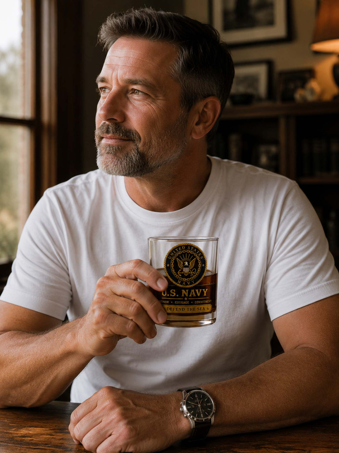 A clear whiskey tumbler glass featuring a gold and navy blue United States Navy emblem and 'U.S.
