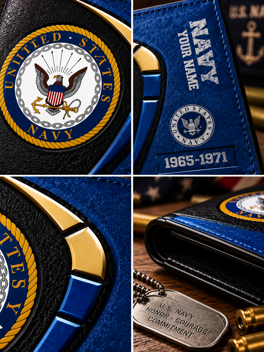 A four-panel close-up collage of a blue and black leather wallet featuring a United States Navy emblem, a customizable nameplate reading 'YOUR NAME', the years '1965-1971', and a dog tag charm engraved with 'U.S.
