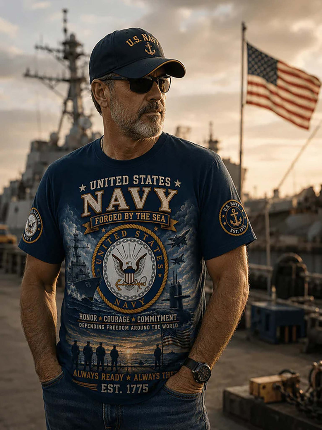 United States Navy-themed t-shirt with emblem and text on a dark background