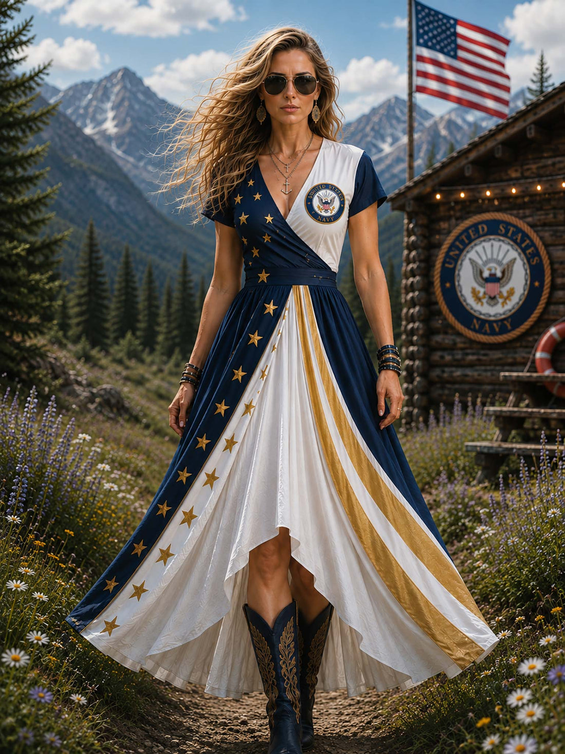 A woman wearing a high-low dress with a navy blue and white US flag-inspired design, gold stars, and a white chest emblem, standing in a mountain meadow with a log cabin and American flag in the background.