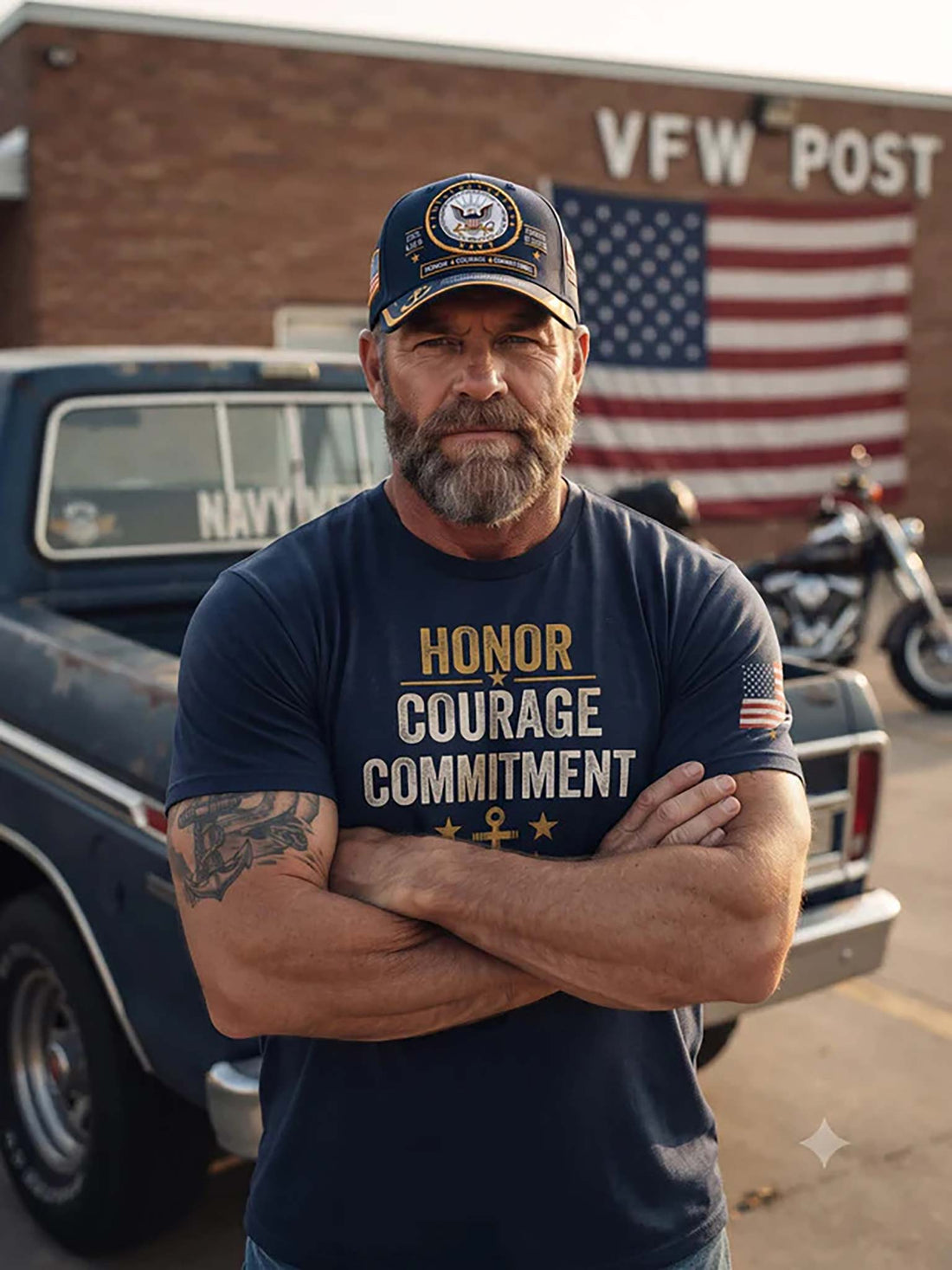 Navy blue cap with U.S. Navy emblem and text on a wooden surface.