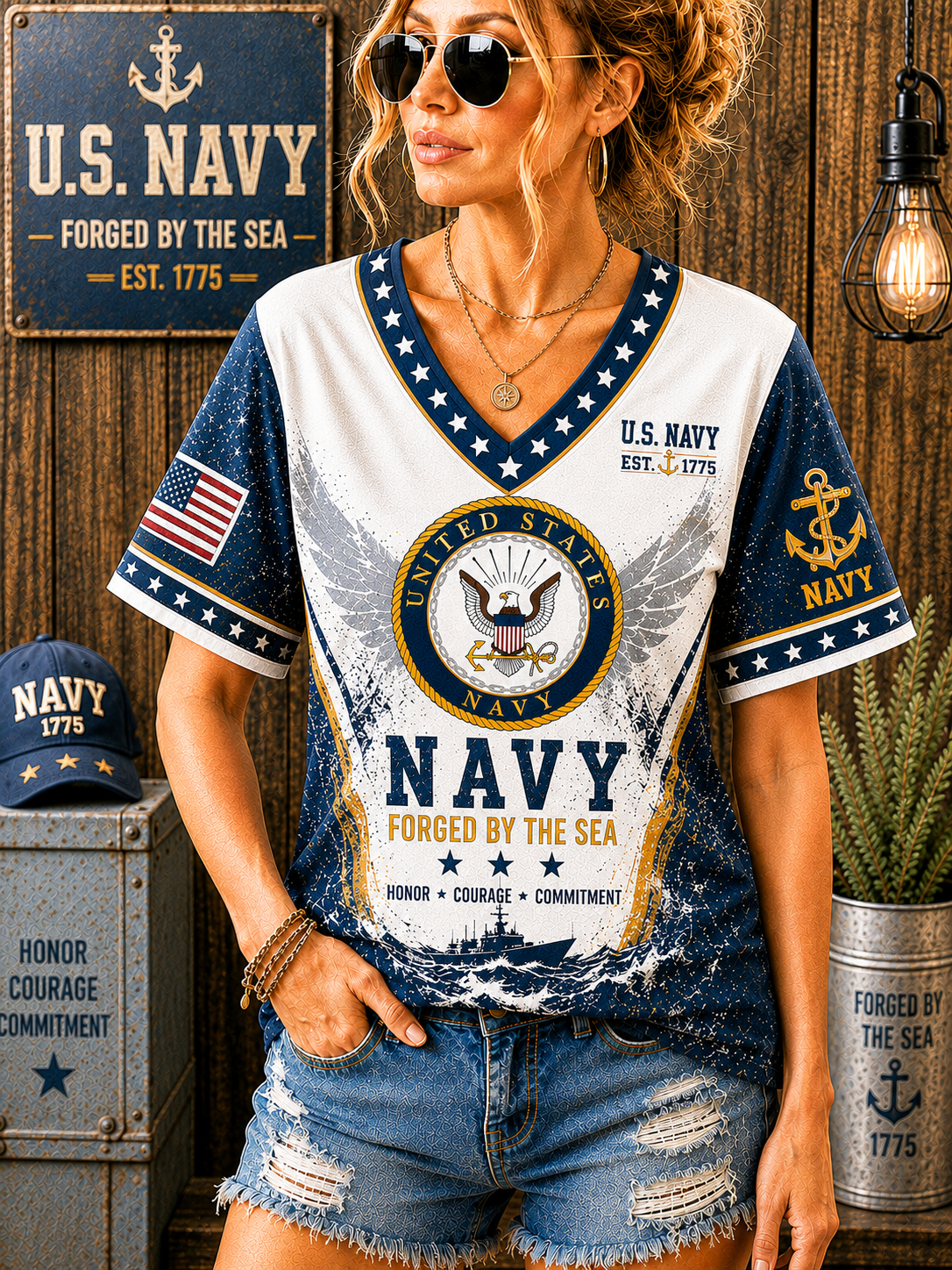 United States Navy Pattern-Trim V-Neck T-Shirt