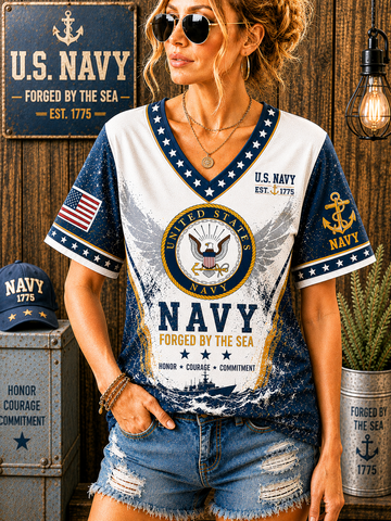 United States Navy Pattern-Trim V-Neck T-Shirt