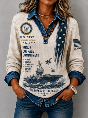 United States Navy Contrast-Collar V-Neck Long Sleeves