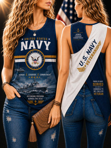Two women modeling a navy blue sleeveless tank top with a U.S.
