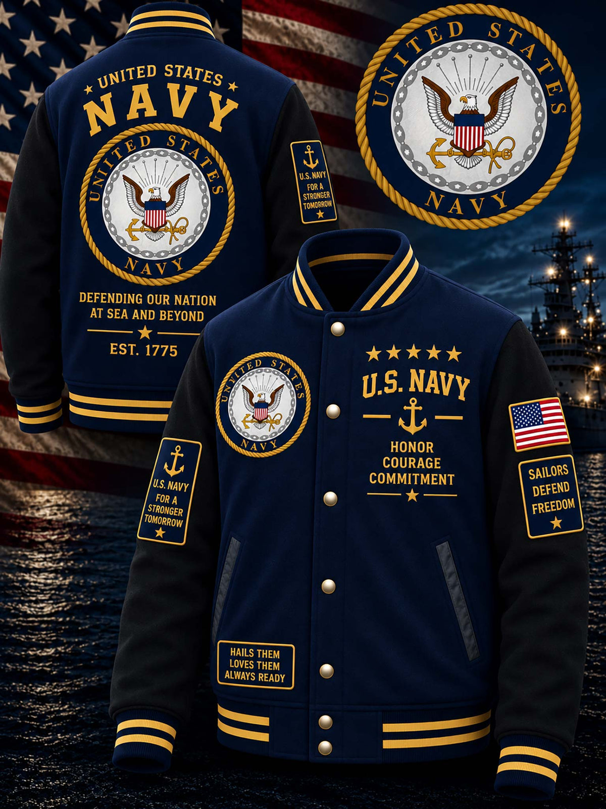 A navy blue varsity-style jacket with gold and white U.S.