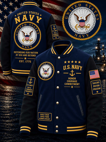 A navy blue varsity-style jacket with gold and white U.S.