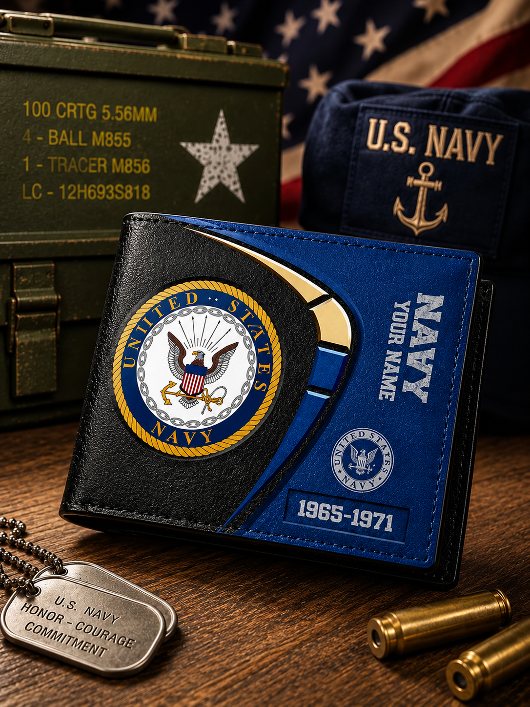 A personalized bifold wallet with a black and blue U.S.