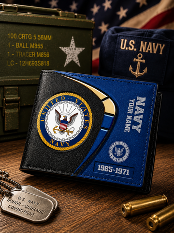 A personalized bifold wallet with a black and blue U.S.