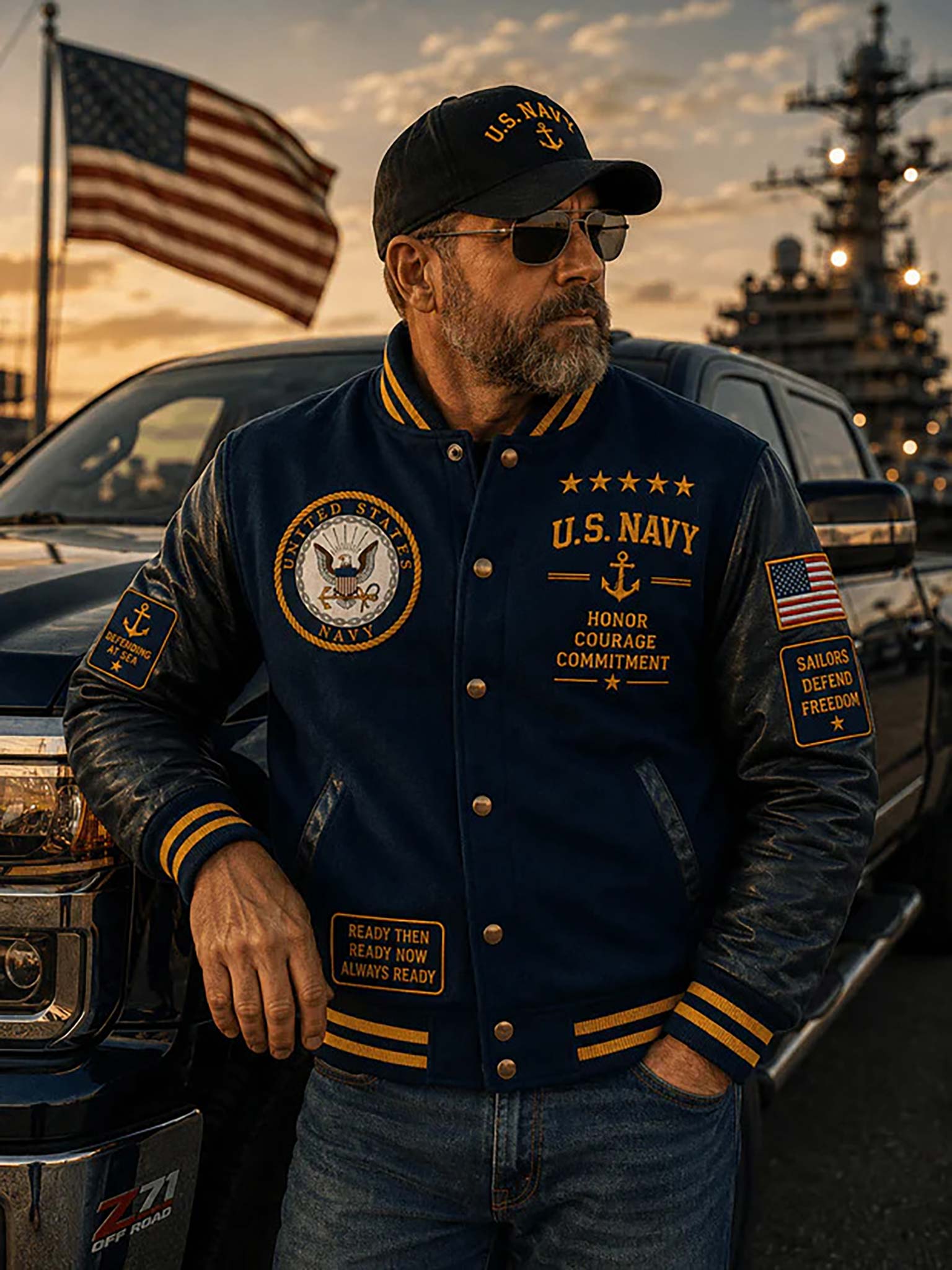 A man wearing a dark navy blue U.S.
