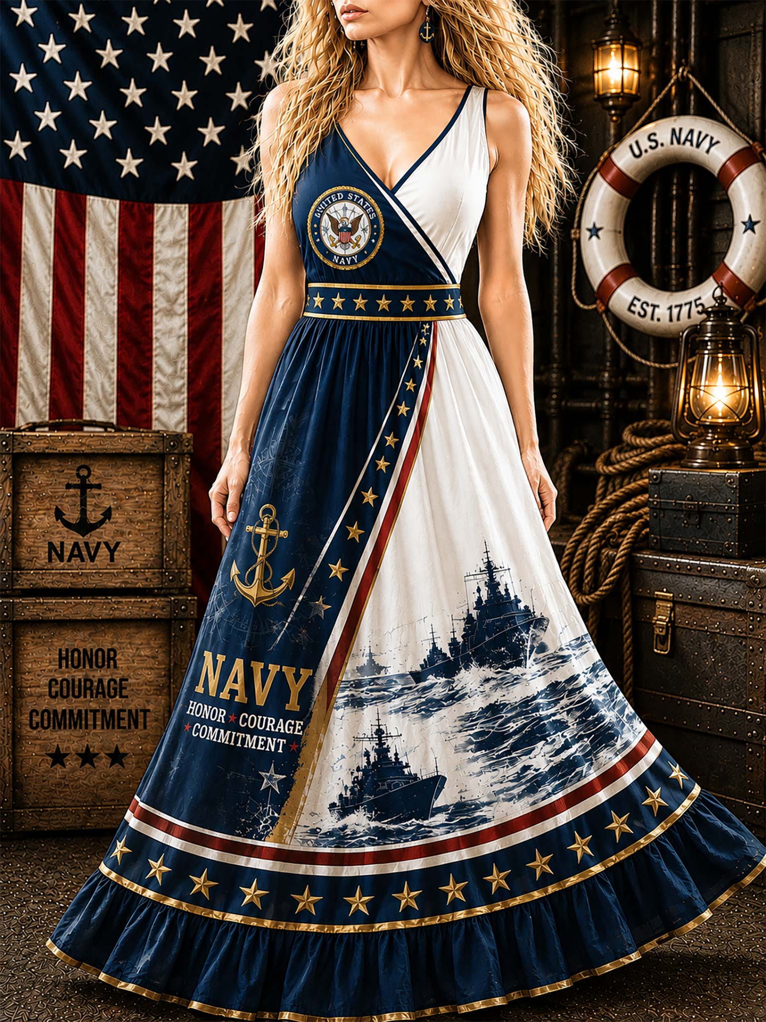 A woman models a sleeveless V-neck maxi dress with a U.S.