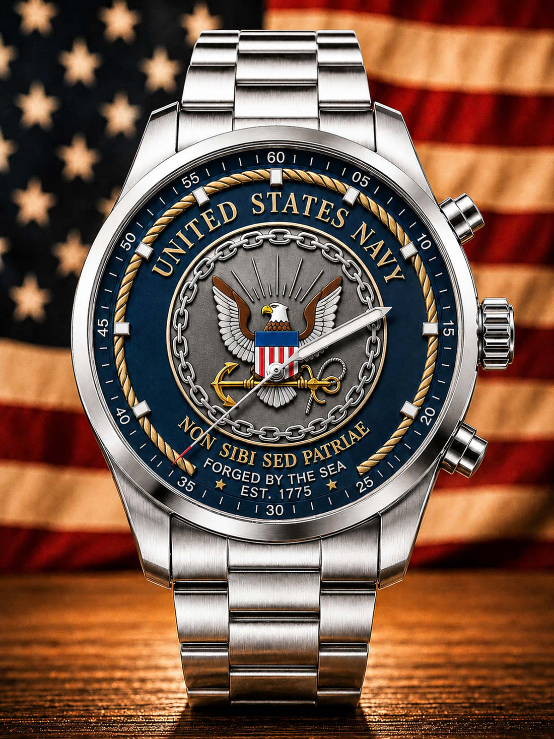 A stainless steel wristwatch with a blue dial featuring the United States Navy emblem, gold lettering, and a rope motif, shown against a blurred American flag and wooden surface background.