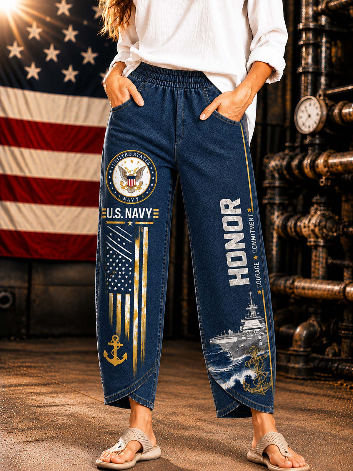 United States Navy Graphic Wide-Leg Pants