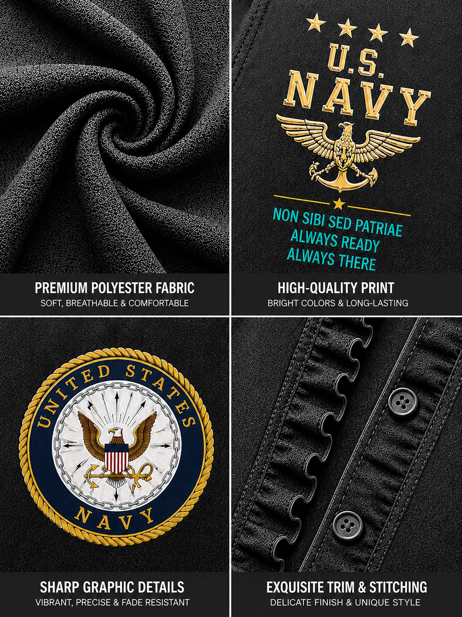 A four-panel product detail graphic showing a black U.S.