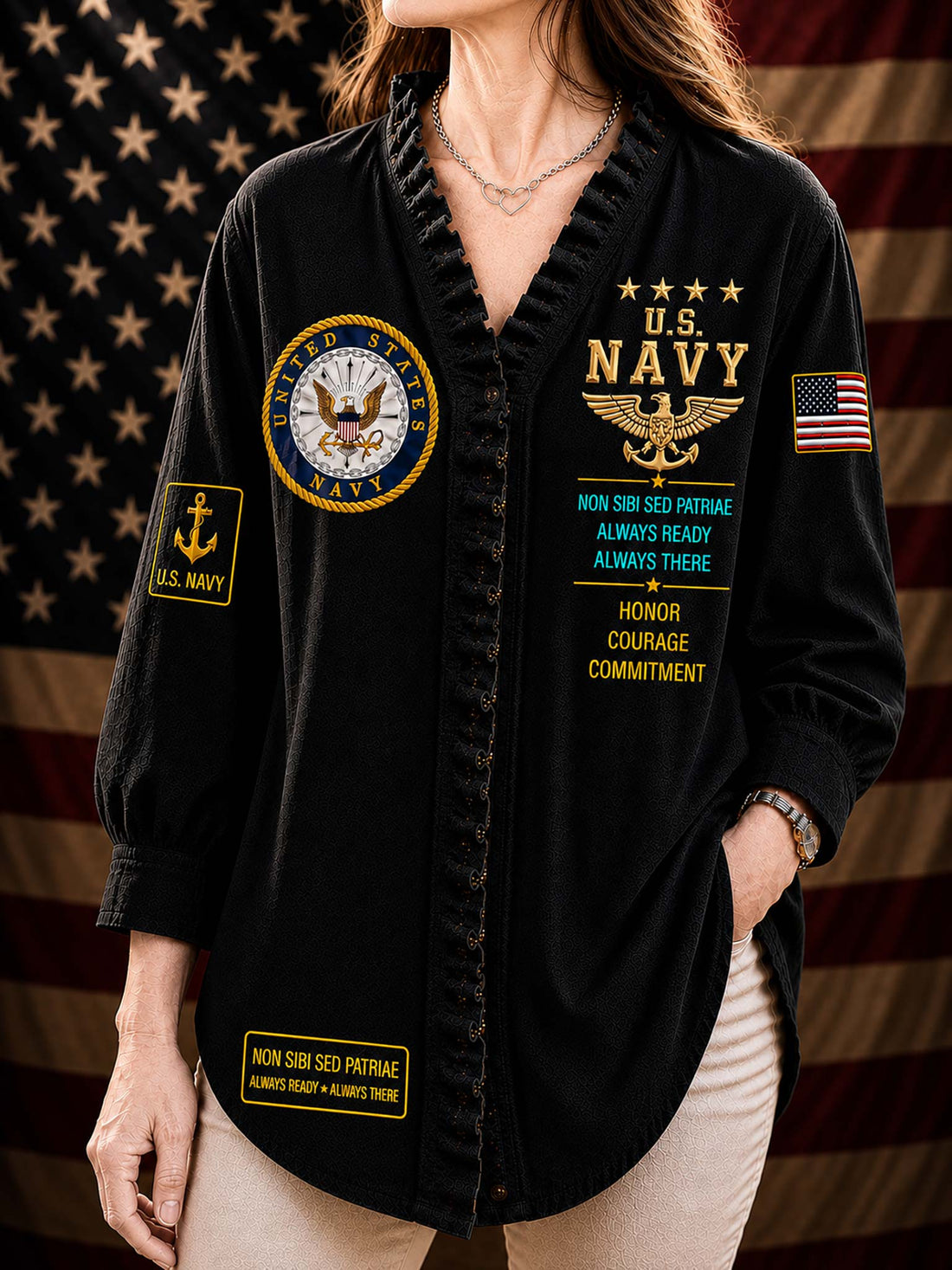 A woman wearing a black long-sleeve button-front shirt with U.S.