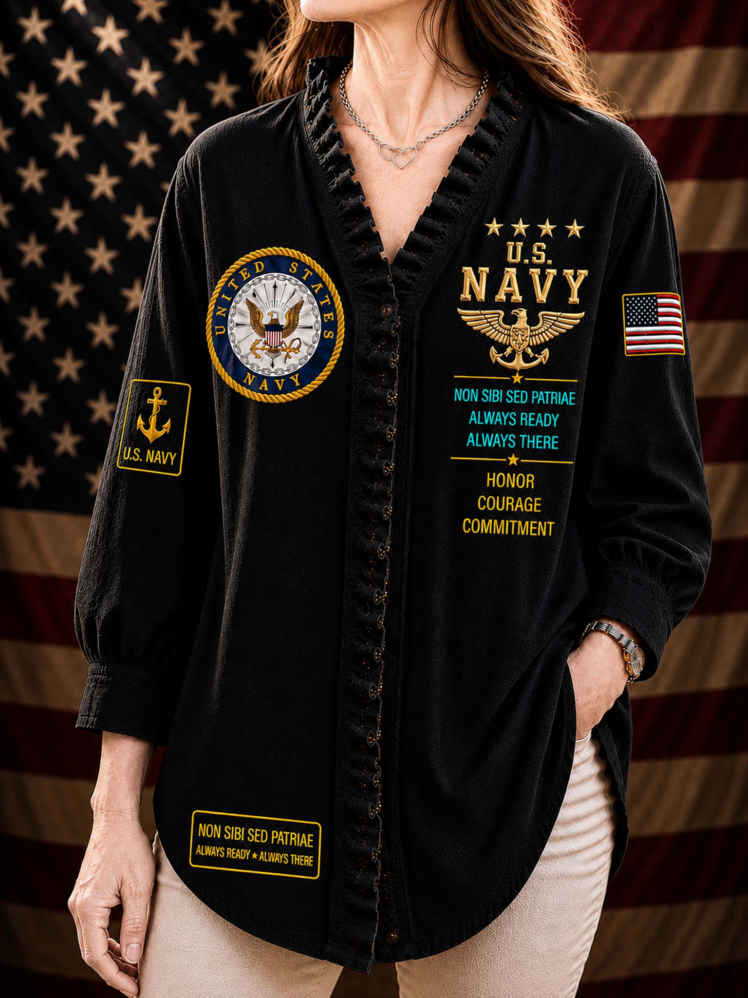 A woman wearing a black long-sleeve button-front shirt with U.S.