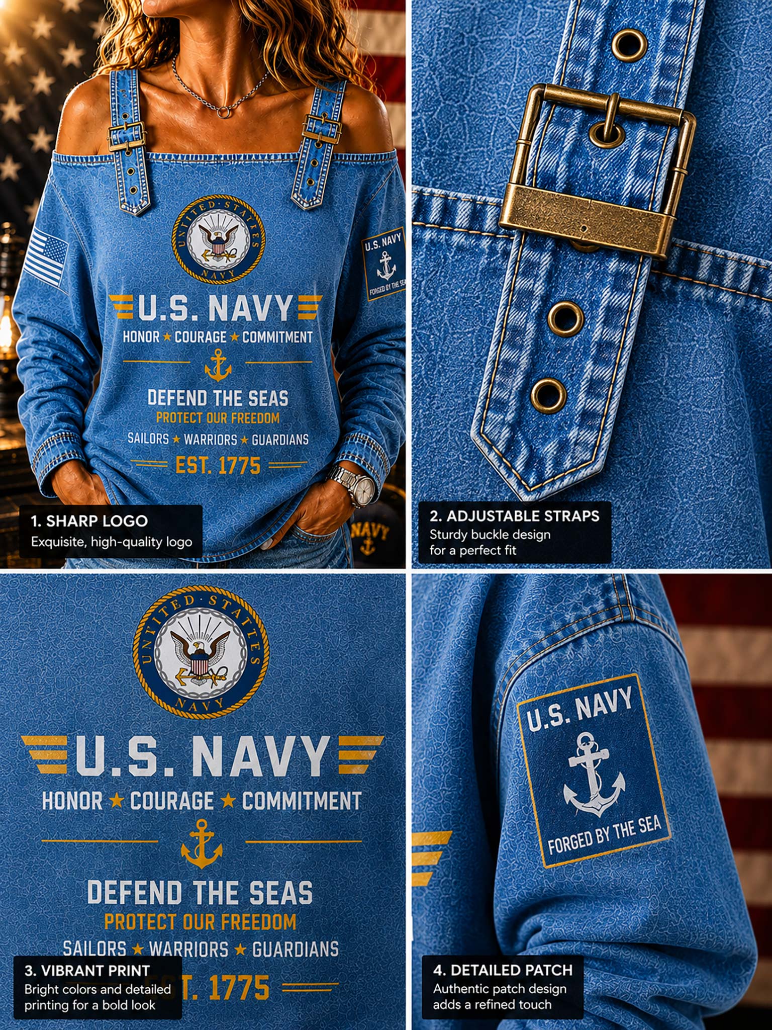 A four-panel collage showing a blue denim-style U.S.