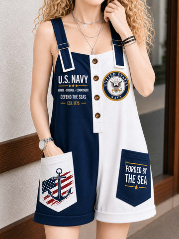 A woman wearing a navy and white split-front overall romper with U.S.