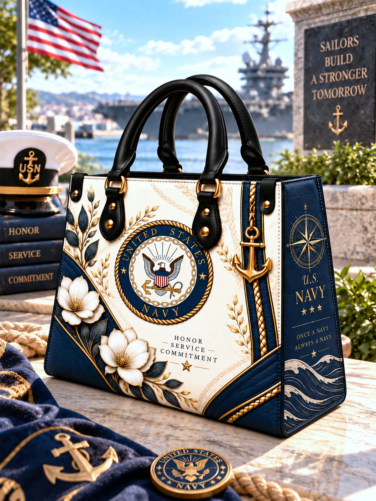United States Navy Heritage Elegance Leather Bag front view with Navy crest and floral artwork