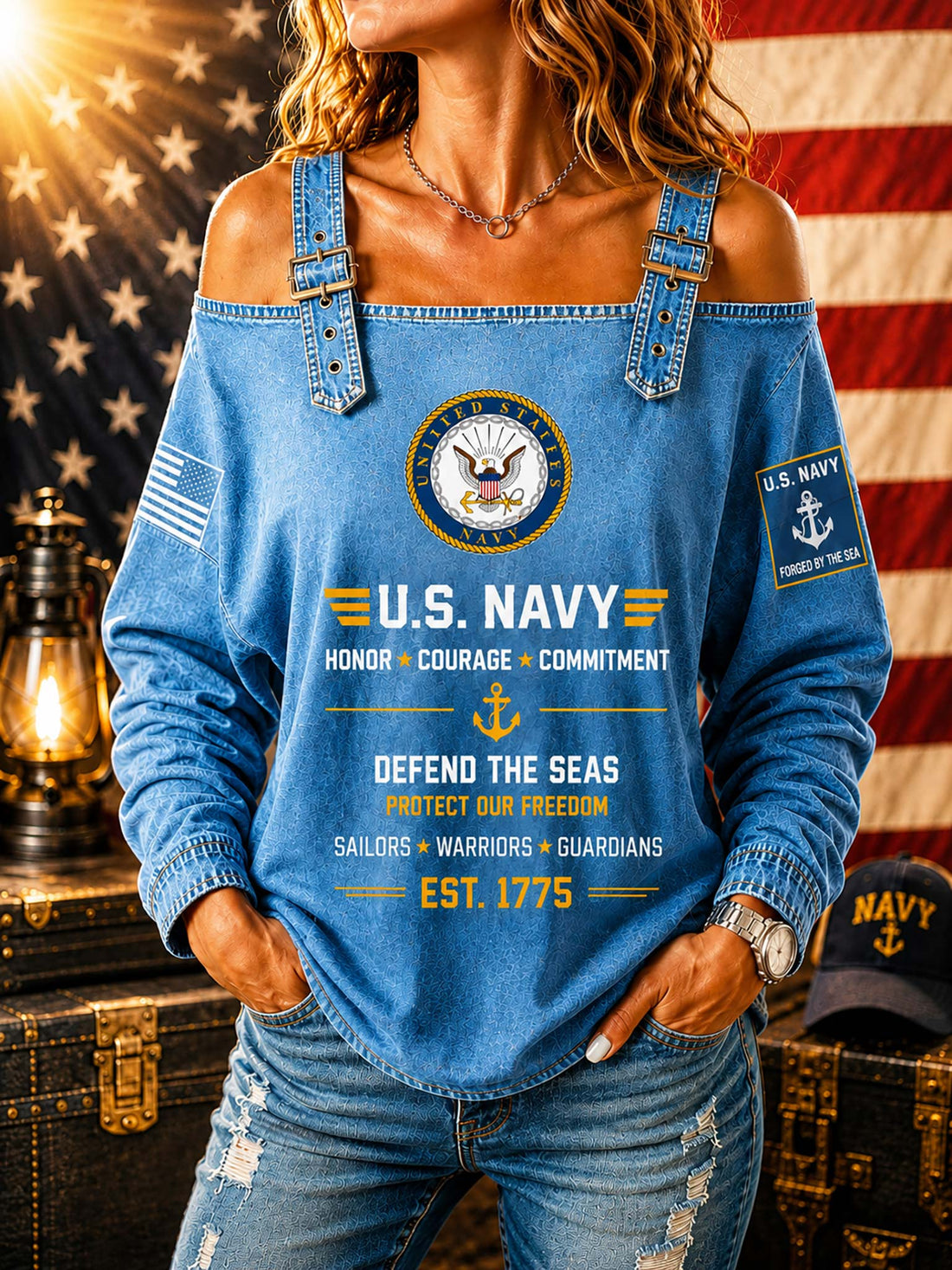A woman wearing a blue off-the-shoulder long-sleeve top with U.S.