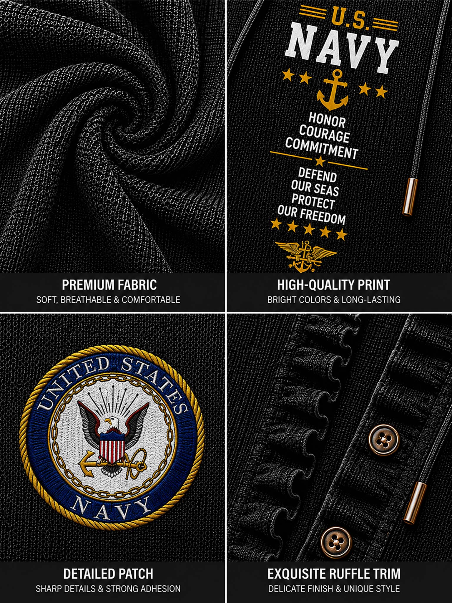 A 2x2 collage showing close-up details of a black U.S.