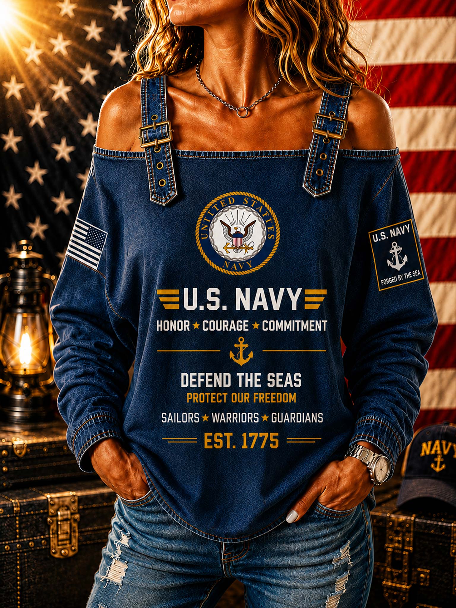 A woman wearing a dark blue off-the-shoulder U.S.