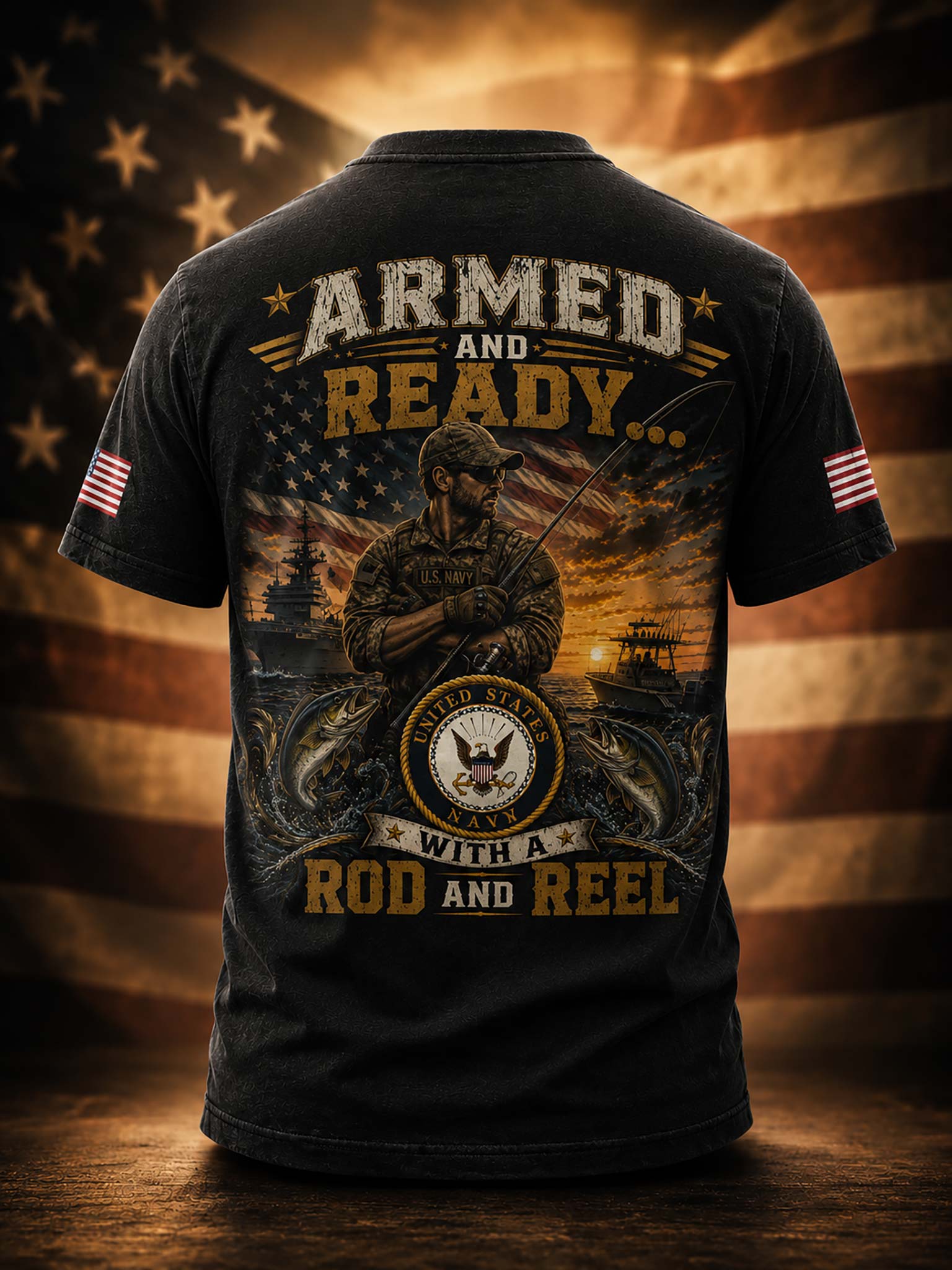 A black short-sleeve t-shirt shown from the back, featuring a large patriotic military graphic with the text 'ARMED AND READY.