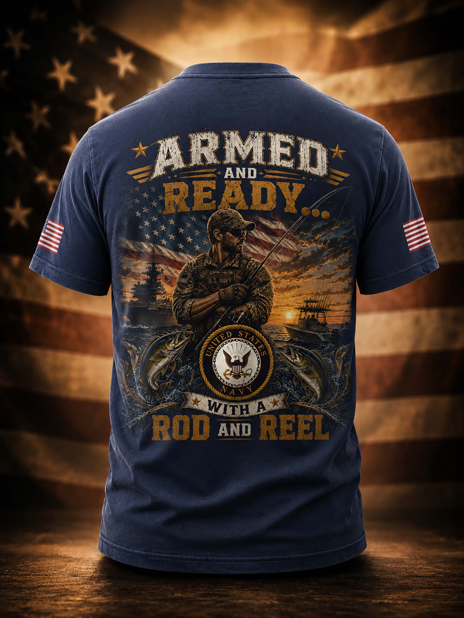 A navy blue short-sleeve t-shirt shown from the back, featuring a large military-themed graphic with a soldier, an American flag, a motorcycle, and the text 'ARMED AND READY.
