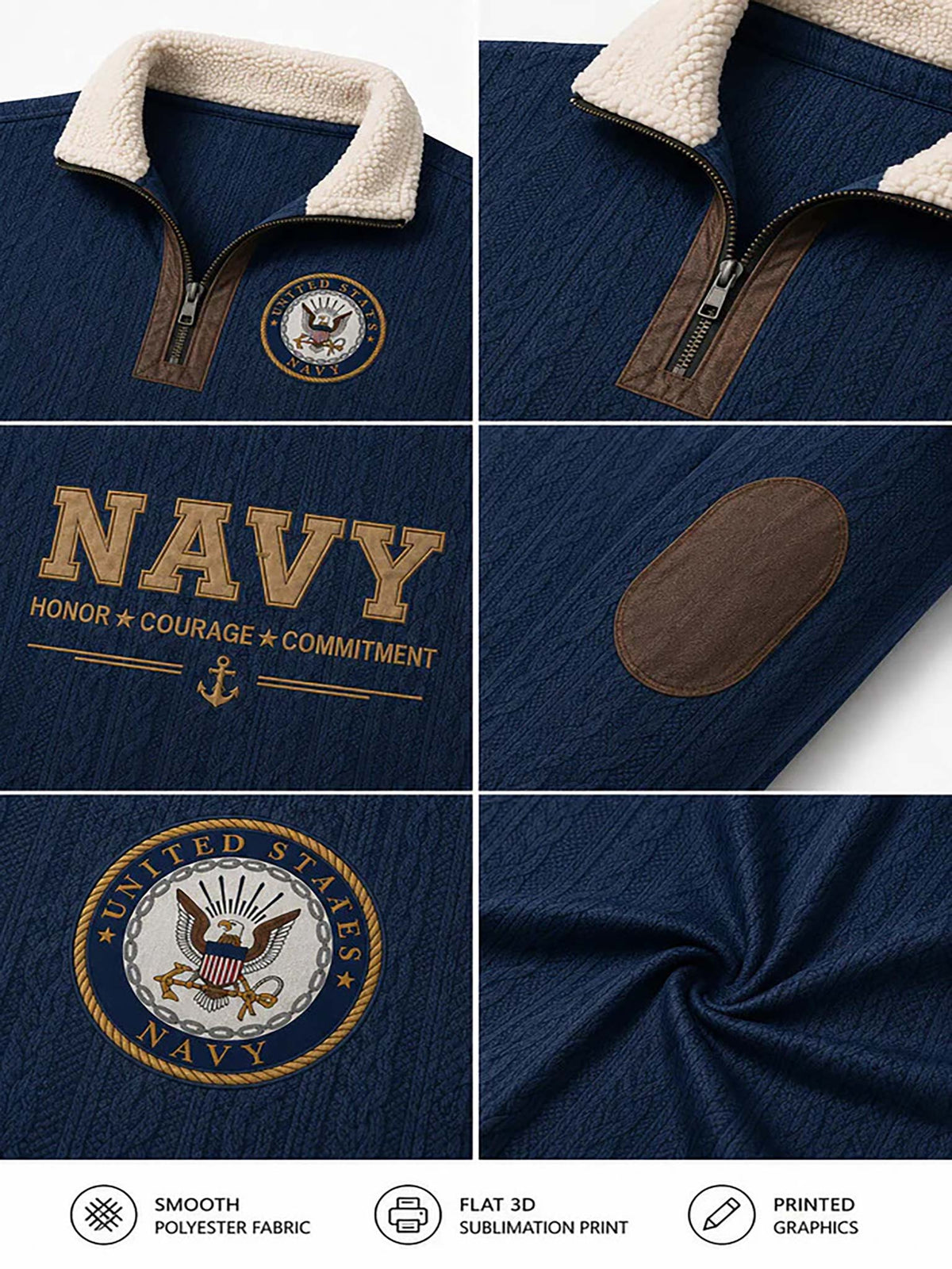 Six-panel product detail collage of a navy blue quarter-zip pullover with a cream sherpa collar, brown zipper trim, a circular United States Navy emblem, large NAVY text on the chest, and a brown patch detail. Text at the bottom lists fabric and print features.