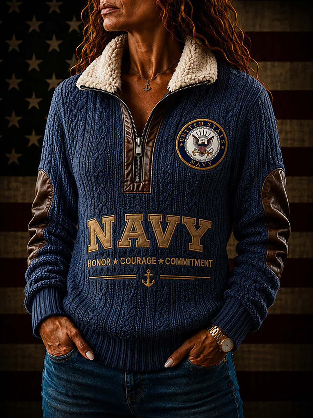 A navy blue knit quarter-zip sweater with a cream sherpa collar, featuring United States Navy graphics and patches, shown from both front and back views against a rustic American flag background.