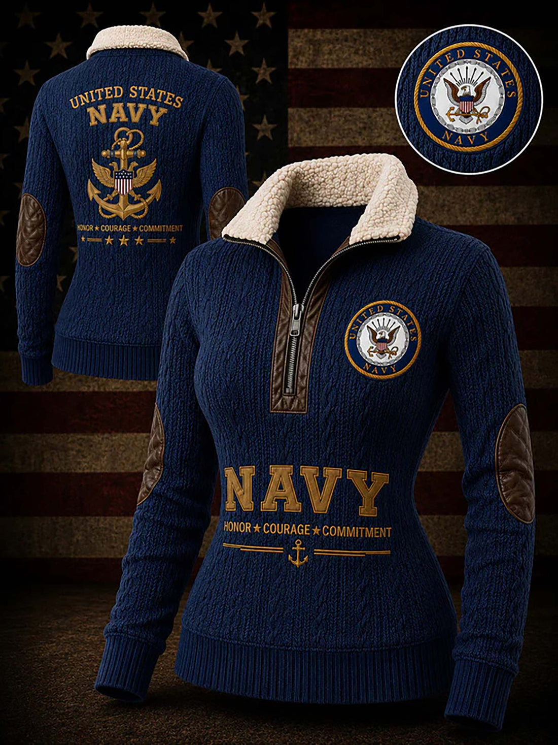 A navy blue knit quarter-zip sweater with a cream sherpa collar, featuring United States Navy graphics and patches, shown from both front and back views against a rustic American flag background.
